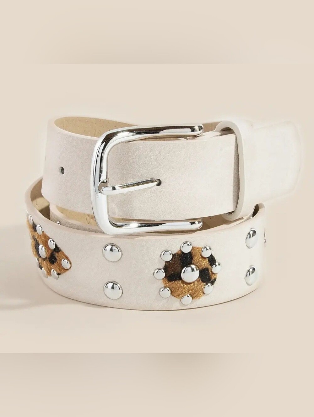 White Studded Leather Belt with Animal Print Accents